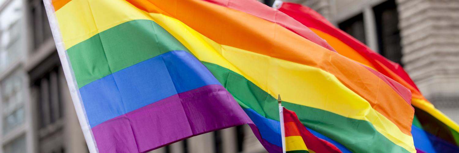 A rainbow Pride flag against a background of a city street A rainbow Pride flag against a background of a city street