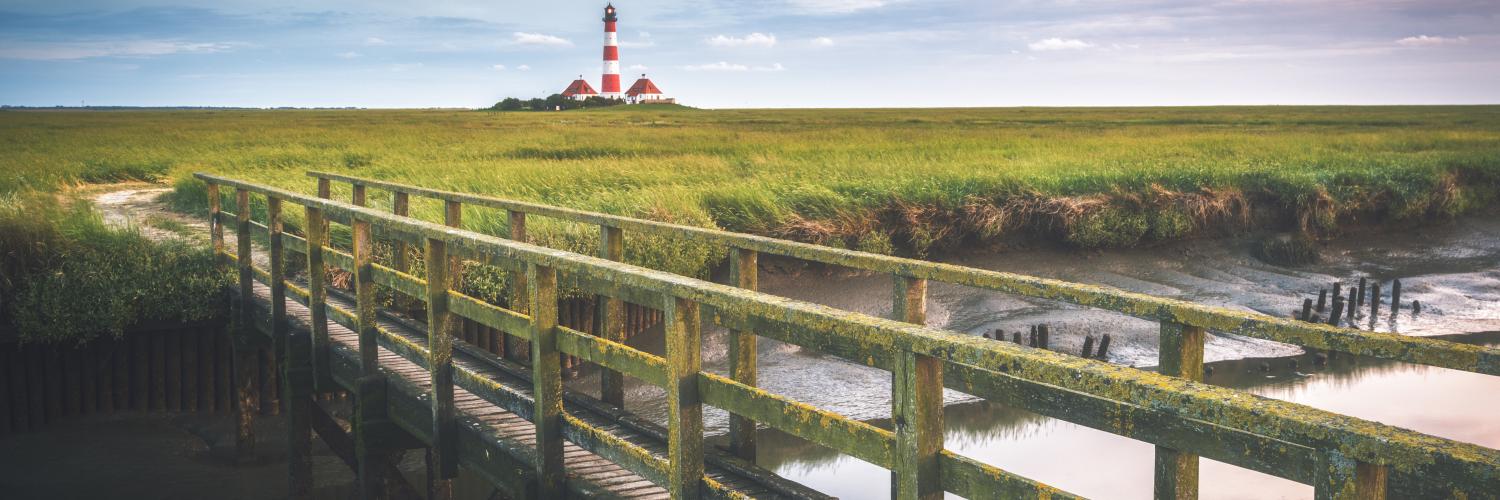Westerhever lighthouse, Eiderstedt, North Frisia, Schleswig-Holstein, Germany.