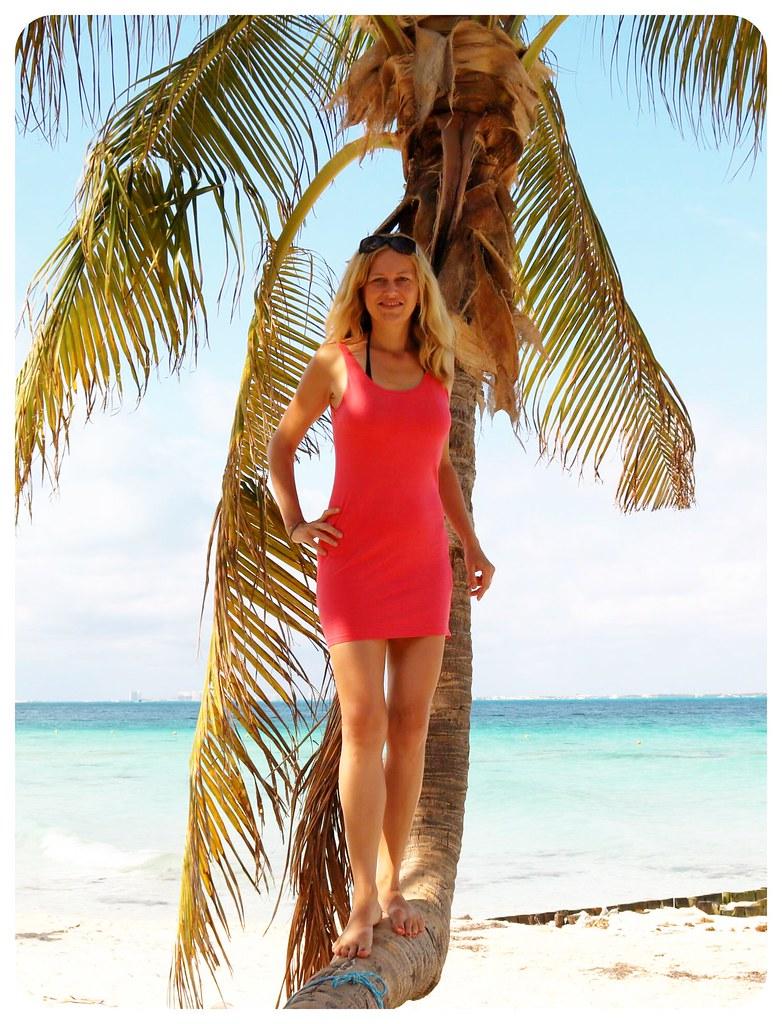 A blonde woman smiling in front of a palm tree and blue ocean A blonde woman smiling in front of a palm tree and blue ocean