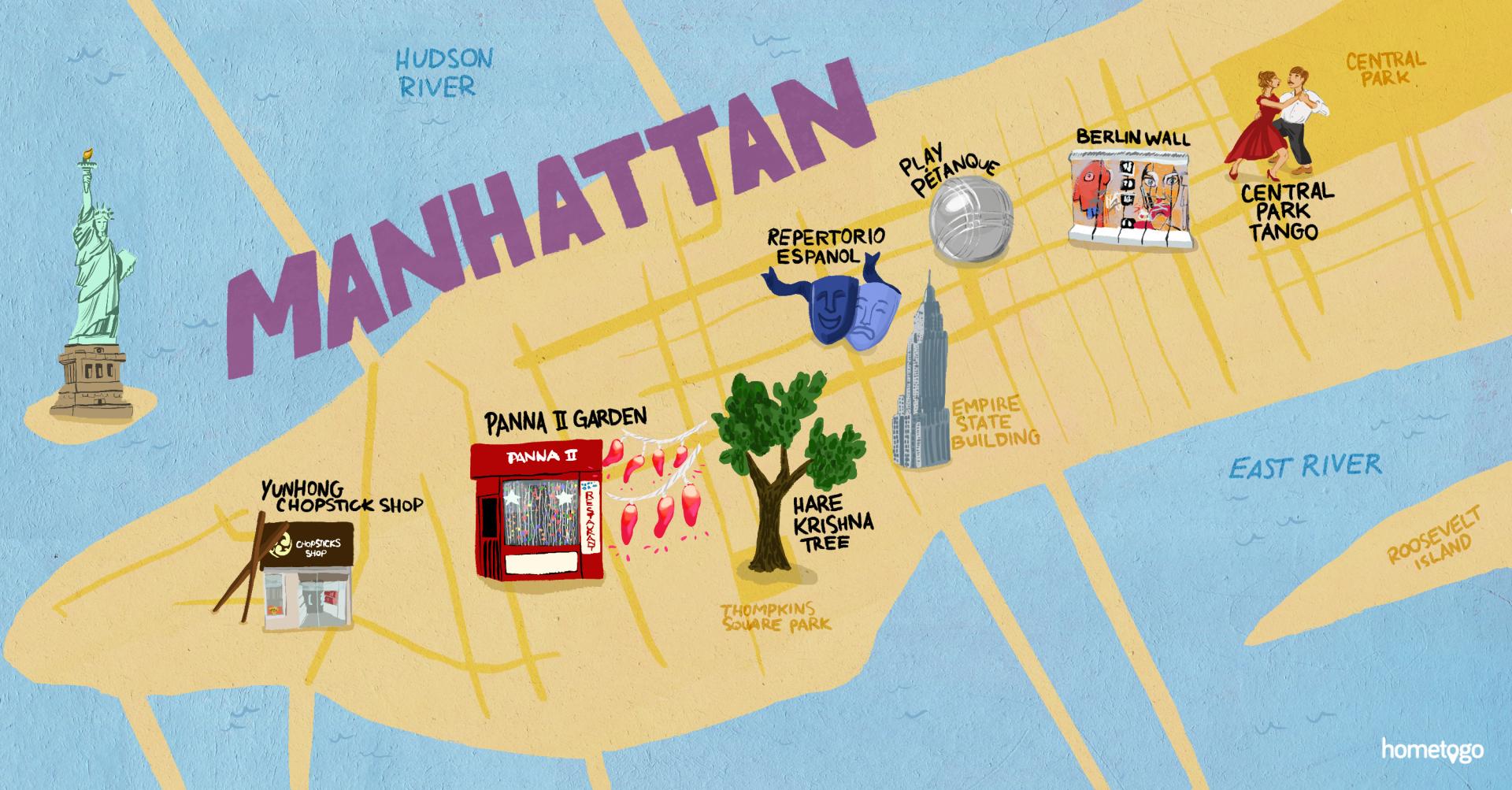 Hand drawn map of Manhattan featuring 7 original must-sees of this neighborhood Hand drawn map of Manhattan featuring 7 original must-sees of this neighborhood