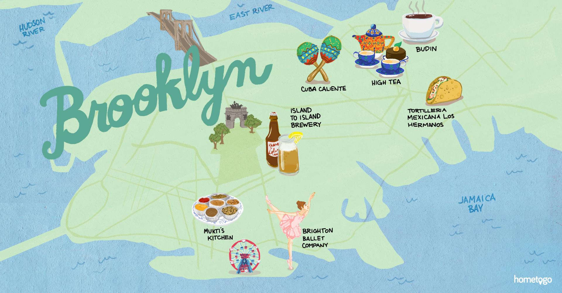 Hand drawn map of Brooklyn featuring 7 original must-sees of this neighborhood Hand drawn map of Brooklyn featuring 7 original must-sees of this neighborhood