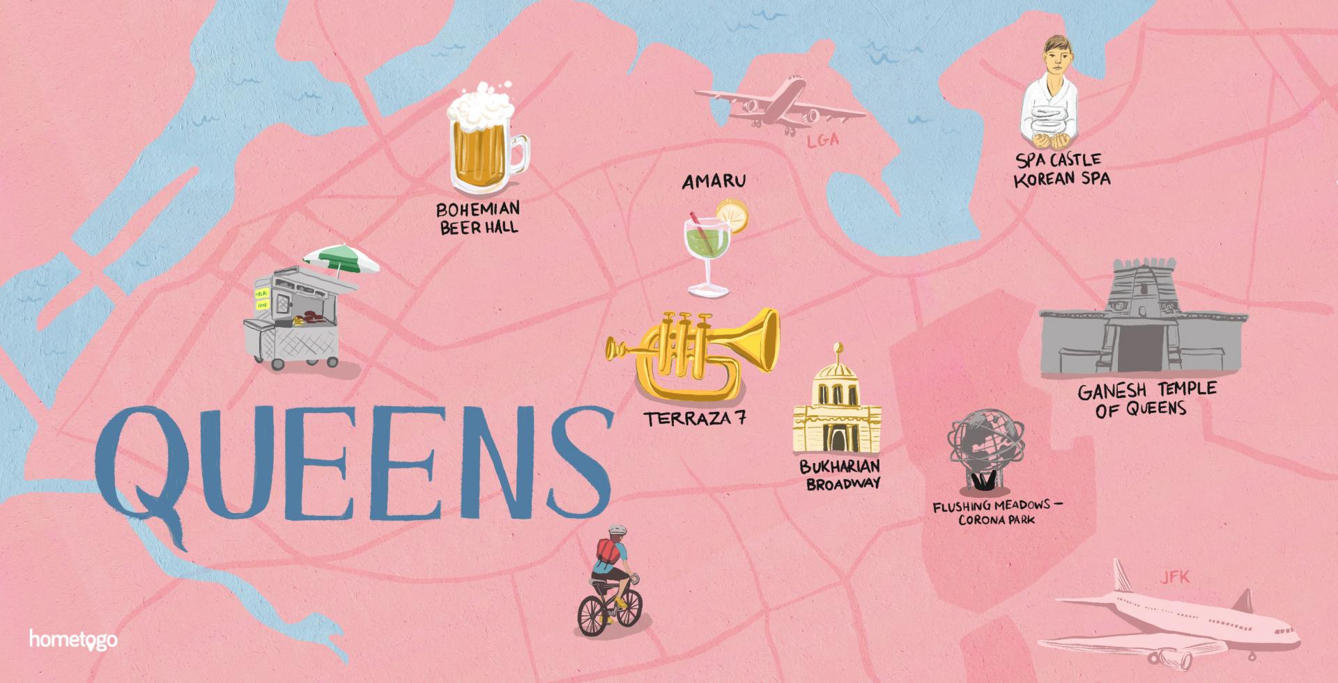 Hand drawn map of Queens featuring 7 original must-sees of this neighborhood Hand drawn map of Queens featuring 7 original must-sees of this neighborhood
