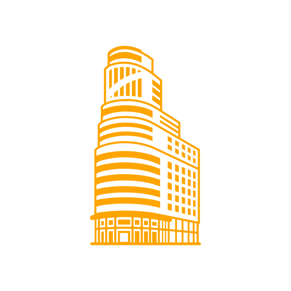 A yellow icon of an art deco building A yellow icon of an art deco building