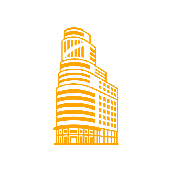 A yellow icon of an art deco building